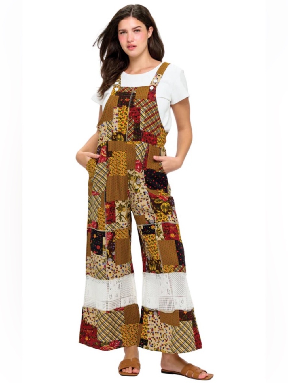 Wide-Leg Cropped Jumpsuit in Mustard, Brown, Red